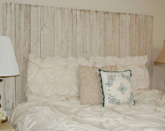 Off-White Weathered Look - King Hanger Headboard with Vertical Boards. Mounts on wall. Adjust height to your convenience. Easy installation.