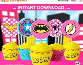 60% OFF SALE Superhero Cupcake toppers, INSTANT Download, supergirl, 60 Percent savings Party Decoration, centerpieces, labels, banner, si
