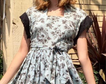 Vintage 40's -50's sweet floral toile print dress baby blue and black lace/ size small