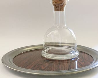 Vintage Silver Wood Grain Formica Round Tray Mid Century Modern Barware Tray