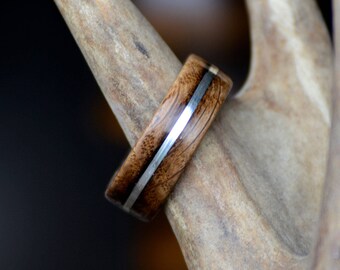 Men's Wedding Band: Jack Daniels Barrel Stave Wood Inlay Ring. outdoor staghead, staghound ring, wood designs