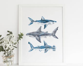 Shark Printable, Printable Shark Art, Shark Decor, Shark Art Print, Nursery Shark Print, Great White Shark, Hammerhead Shark Art Printables