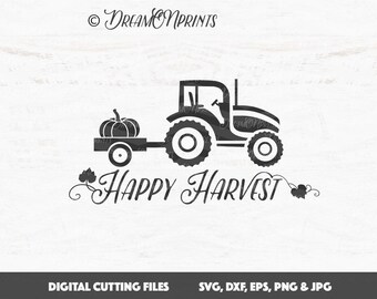 Happy Harvest SVG, Tractor SVG, Pumpkin SVG Cut File, Harvest Svg Cut Files, Fall Svg Saying Autumn for Cricut or Silhouette SVDP539