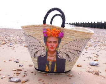 Frida Kahlo straw basket - Market basket Viva Frida - Large straw handwoven basket - Large straw basket Frida - Frida Kahlo beach bag