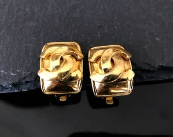 Chanel earrings, Chanel CC vintage earrings, large gold plated earrings, high fashion clip on earrings, Authentic Chanel statement earrings