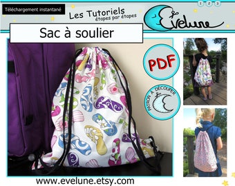 Sac à soulier PDF / Patron Français / sac à dos / sac éducation physique / sac de plage / sac de piscine / sac fourre-tout / Evelune