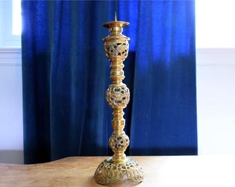 Vintage Asian Openwork, Filigreed Brass Candleholder