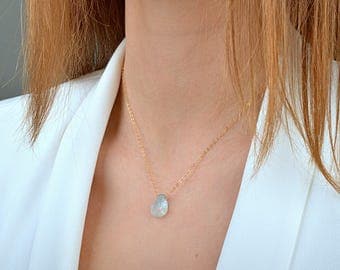 Raw Aquamarine necklace, Rustic March Birthstone, Raw Crystal Necklace, Rough Blue Gemstone Necklace: 14K Rose Gold Filled, Sterling Silver