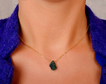 Genuine Raw Emerald Necklace Pendant, Natural Emerald Stone, May Birthstone, gift for her, wife, mom: 14K Rose Gold Filled Sterling Silver
