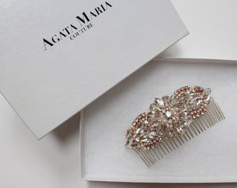 Rose Gold Crystal and Pearl Bridal Comb