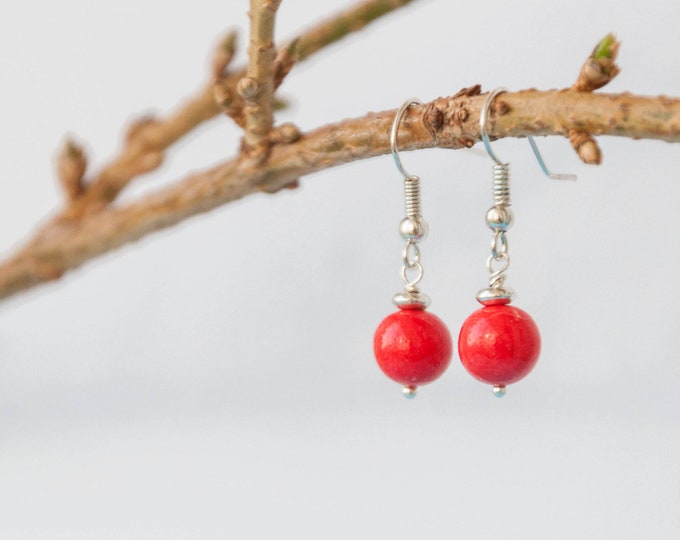 Bright red earrings for girls, Red color earrings, Small red earrings, Small earrings, Small dangle earrings, Simple earrings, 8-18 mm ball