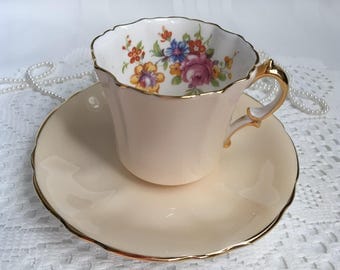Hammersley and Co. Bone China Tea Cup and Saucer, Peach with Colourful Floral and Gold Trim