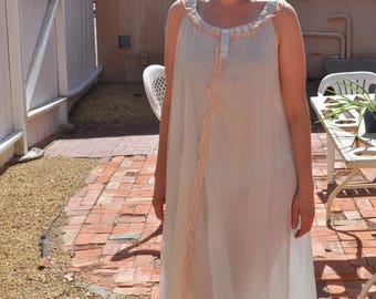 Vintage 1960s Odette Barsa Blue Floor Length Nightgown with Tan Lace Trim