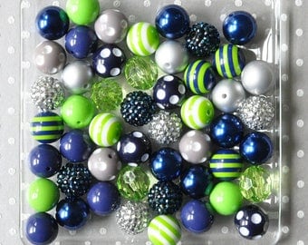Seattle's favorite Seahawks bubblegum beads wholesale, 20mm Chunky beads for boys necklace diy kit, Navy blue and Lime green gumball beads