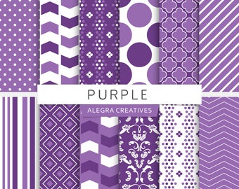 Purple digital paper, damask, polka dot, chevron, stripes, purple shades, violet, patterns, scrapbook papers (Instant Download)