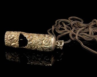 Antique Victorian Sterling Silver Repousse Whistle Pendant Chain