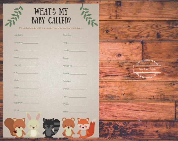 Woodland Creatures Baby Shower What's my Baby Called Game | Printable | Instant Download