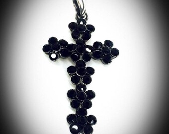 vintage black Swavroski crystal cross pendant gunmetal floral design large crucifix