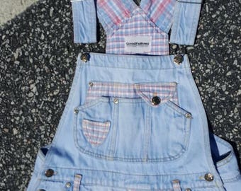 Vtg Denim Overall plaid Shorts Goodfellows Size 7 8