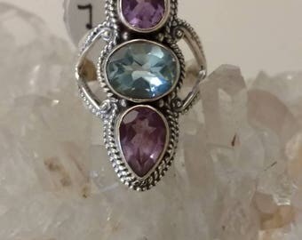 Amethyst and Blue Topaz Ring Size 7