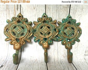 ON SALE Copper Patina Wall Hooks - Shabby Chic Home Decor - Key Hook - Entryway Wall Decor - Coat Hooks - Bathroom Towel Hooks - Dog Leash H