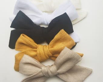 Linen Hand Tied school girl bows on nylon headband or alligator clip baby kids toddler black white mustard cream tan