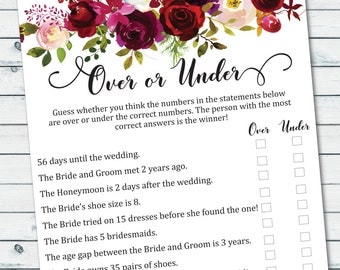Over Or Under Game Printable, Floral Bridal Shower Games, Floral Over Or Under The Number Game, Bachelorette Games, Printable Bridal