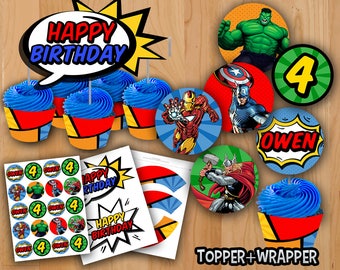 Avengers Cupcake Toppers - PERSONALIZED - Avengers Toppers - Avengers 2" Favor Tag Topper Wrapper Ironman Hulk Thor Captain America