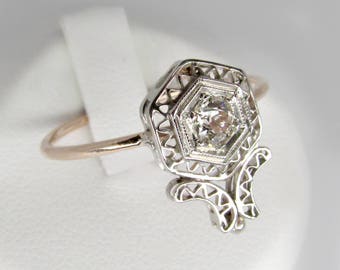 white gold diamond ring, art deco diamond ring, antique engagement ring, art deco hexagon ring, diamond flower ring, rose cut diamond ring