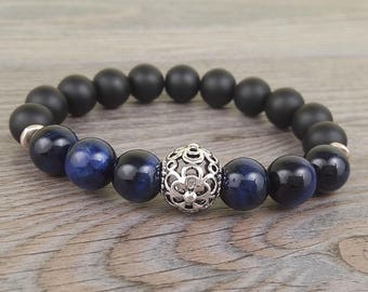 Bracelet unisexe de pierres fines oeil de tigre bleu et onyx noir 10mm