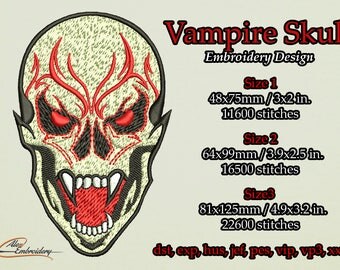 The vampire skull embroidery design. 3 sizes. 8 embroidery formats.