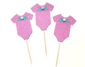 10 pcs flowers Baby Onesies it's a girl baby shower pink glitter cupcake dessert topper