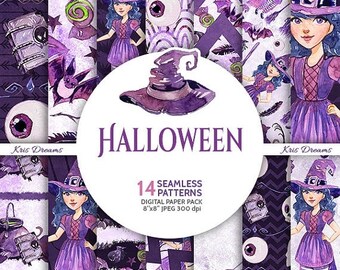 SALE 50% OFF Halloween Digital Paper Pack, Witch Watercolor Paper, Goth Glam, Cat, Purple, Black, Witch Hat, Book, Halloween, Scrapbook, Blo