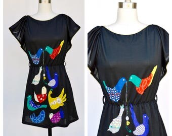 BIRDS sewing print / little black novelty dress / small