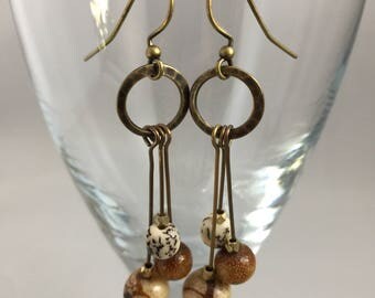 Brass three bead dangle earrings