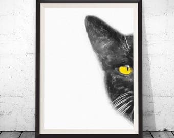 Watercolor cat print, black cat print, black cat painting, cat art poster, cat art prints, black cat decor, cat home decor, funny animal art