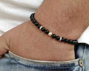 GAVU Men's Onyx & Hematite Beaded Bracelet - Black Crystal Stone Bracelet With Stainless Steel Extender & Clasp