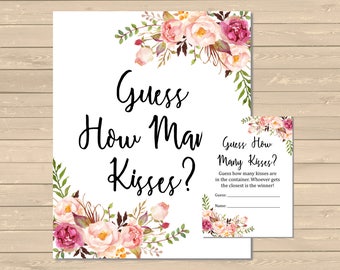 Boho Floral Guess How Many Kisses Game, Pink Floral Printable Hershey Kisses Game, Bridal Shower Candy Guessing Game, Instant Download 110-W