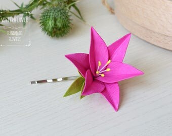 Lily hair clip Pink wedding flower girl Gift for girl flower bobby pin Hair accessories Baby gift Spring bridal flower gift hair barrette