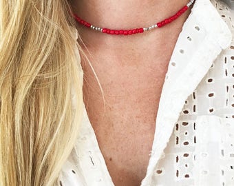Red necklace, red choker, beaded necklace, beaded choker, seed bead necklace, red and silver, red jewelry, seed bead choker, gift for her