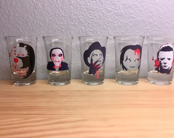 Horror Icons SHOT GLASSES set of 5 Michael Myers, Jason Voorhees, Chucky, and Freddy Krueger, Jigsaw