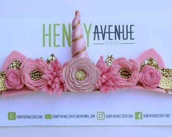 Pink and Gold Unicorn Horn Flower Crown Headband - Unicorn Flower Crown Photo Prop