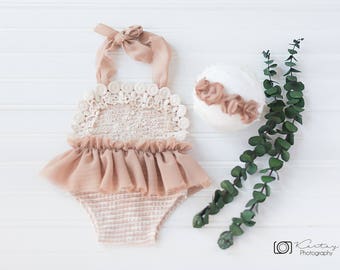 baby girl romper,newborn photography props,light caramel romper,newborn romper,romper,lace romper,romper set,vintage romper,newborn props,