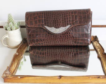 Vintage Jill Stuart New York Dark Brown Crocodile Alligator Embossed Leather Scallop Envelope Clutch Silver Engraved Plate Evening Bag Purse