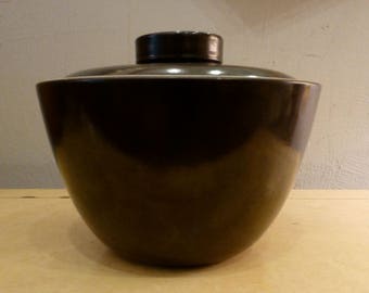 Large RARE Vintage Edith Heath Covered Bowl California Design Stoneware Dark Brown Unusual Style Lid