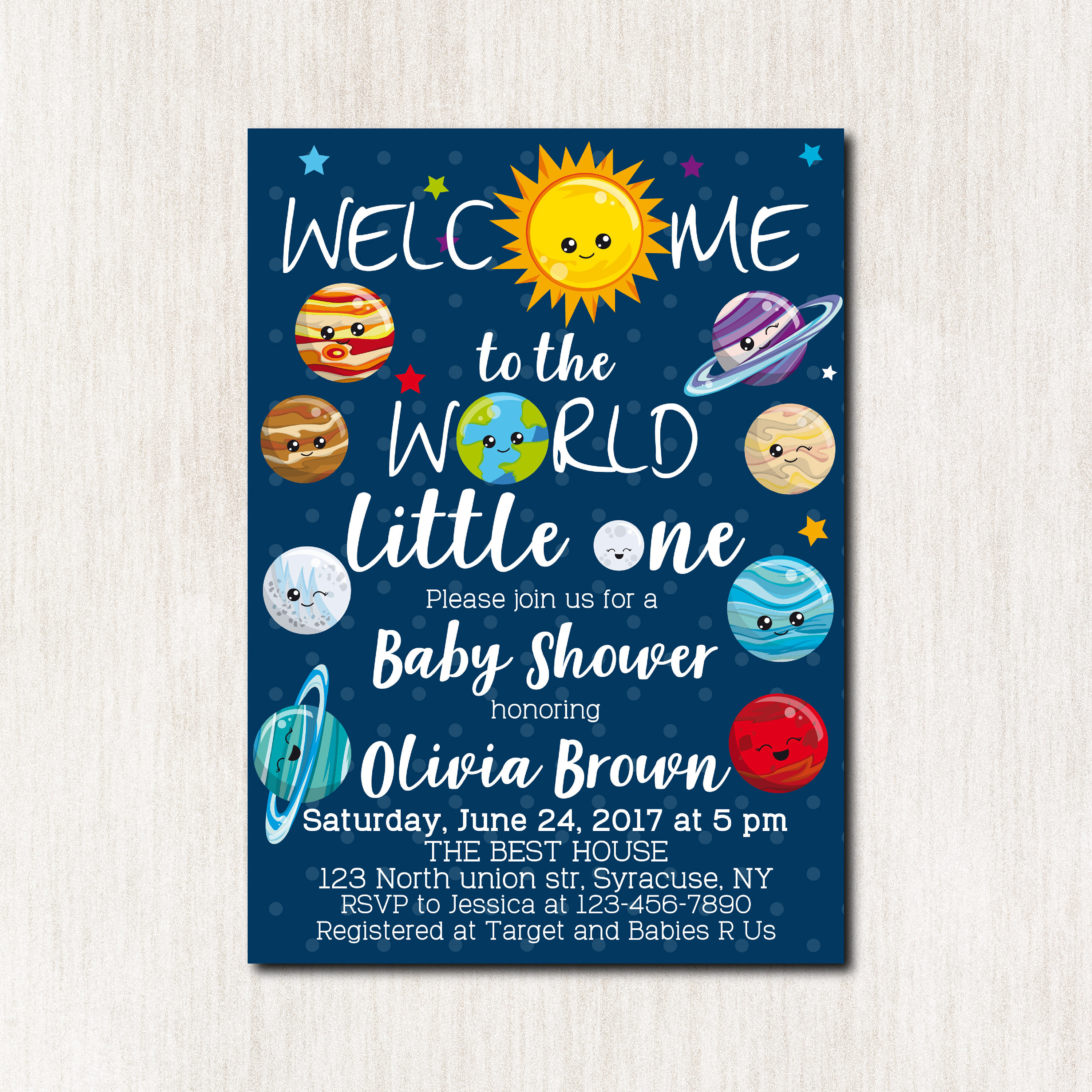 Space theme baby shower invitations Solar system Baby