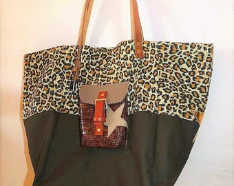 Golden leopard/Khaki, Pocket style pomponette stars tote bag