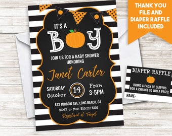 Halloween Baby Shower Invite Invitation Boy Sprinkle Pumpkin Digital 5x7 Stripes Black White