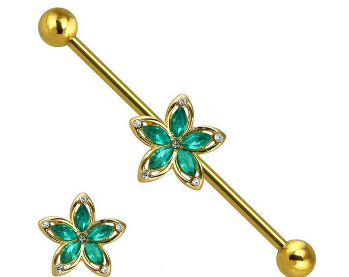 Gold Plated Green Crystal Stone Flower 316L Surgical Steel Industrial Barbell