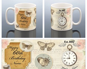 60th Birthday Personalised Mug Vintage Butterfly 60 BIRTHDAY MUG 1957 Gift for her Present Friend Mum Mom Nan Women Ladies Coffee Tea Mug